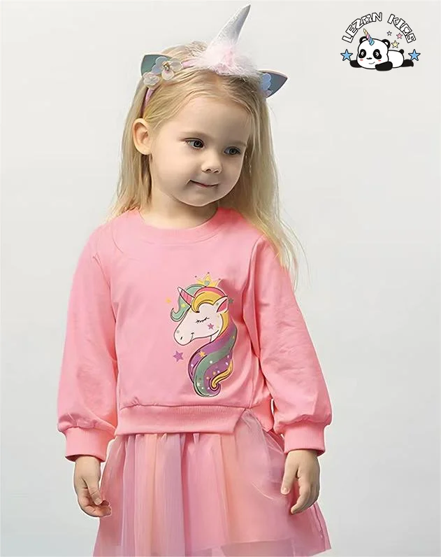LEZONKIDS - Wholesale Autumn Long Sleeve Kids Dress Cute unicorn Sequin Patches Sweatshirt Tutu Girls Dress